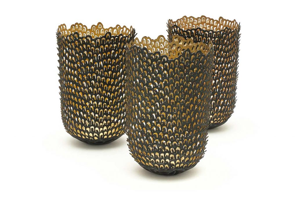 Teasel Vessels, steel (re-formed tin-cans), 24ct gold, H.11cm