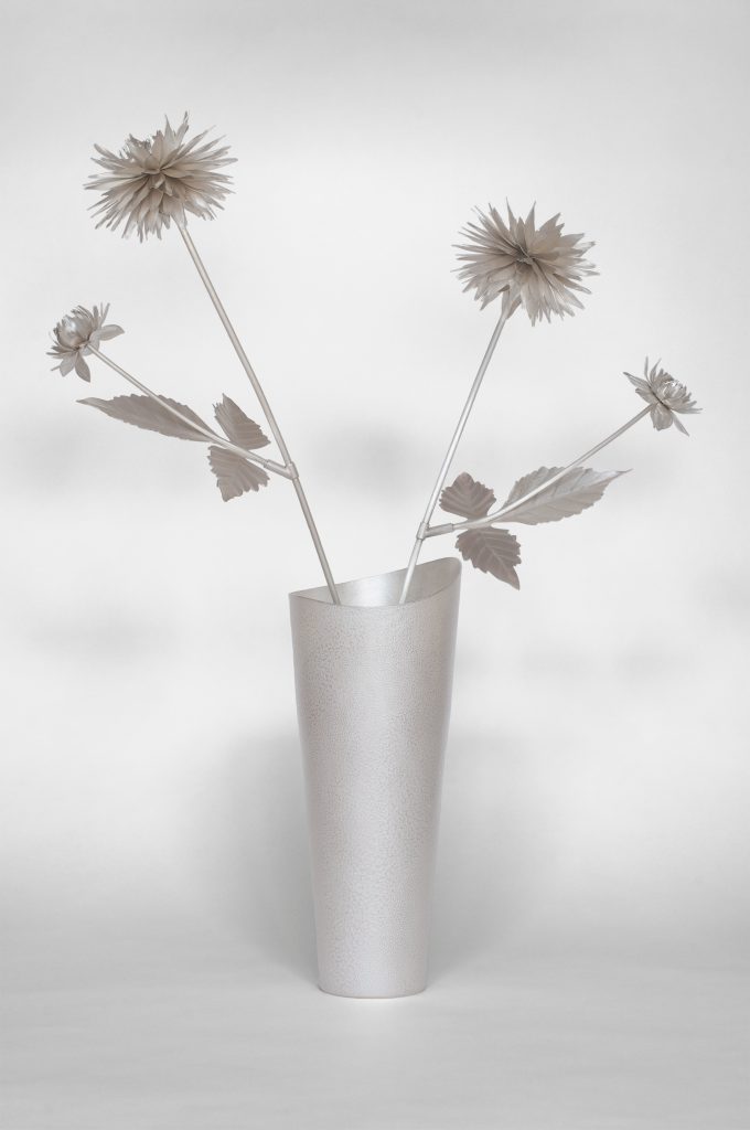 Vase & Dahlia Stems, commission, 2022, Recycled Britannia & Sterling Silver